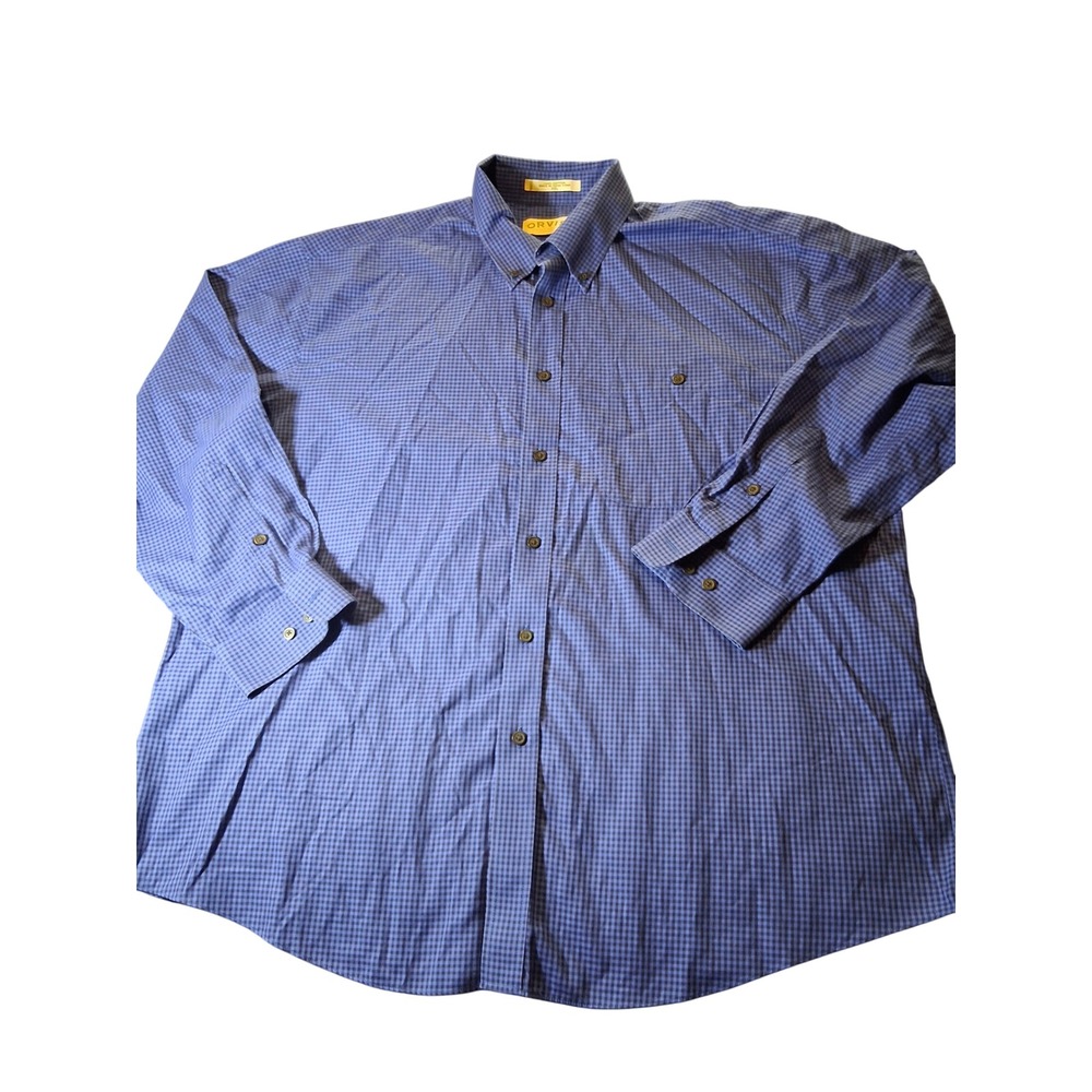 Orvis Mens XXL Blue Gingham Micro Check Cotton Button Down Shirt Long Sleeve